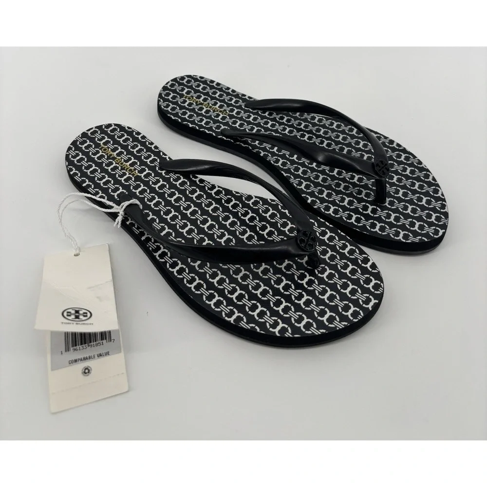 NWT Tory Burch Chelsea Flip Flops Sz 5 Black Gemini Link/883 Luxury Old Money
